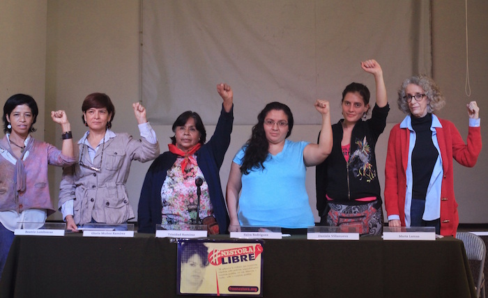 Beatriz Lumbreras, Gloria Muñiz Ramírez, Trinidad Ramírez, Saira Rodríguez, Daniel Villanueva y Martha Lamas, durante la presentación de una campaña por la liberación de la dirigente de la CRAC Nestora Salgado, acusada de secuestro recluida en el penal de Nayarit, las organizadoras denuncian que su reclusión se debe a motivos políticos. Foto: Cuartoscuro
