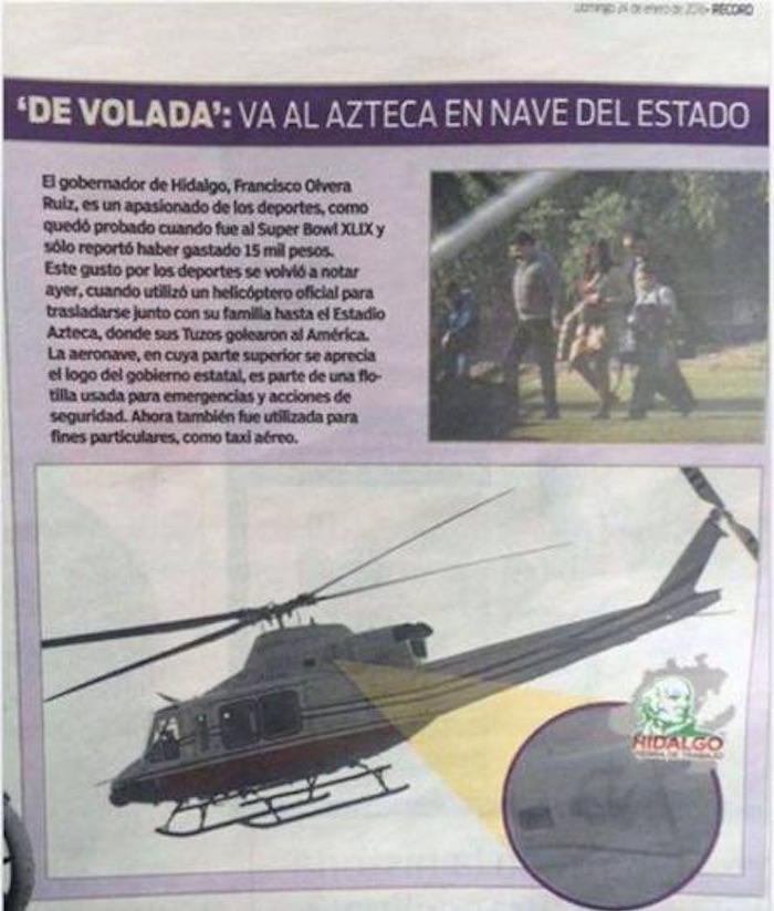 El diario deportivo publicó una imagen del Gobernador de Hidalgo cuando se transportaba en un helicóptero oficial al Estadio Azteca. Foto: Especial