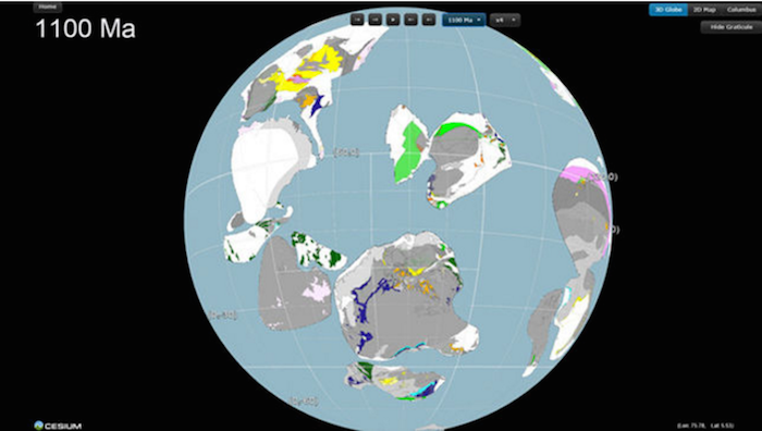Reconstrucción del origen de Rodinia hace 1.100 millones de años. Foto: Especial