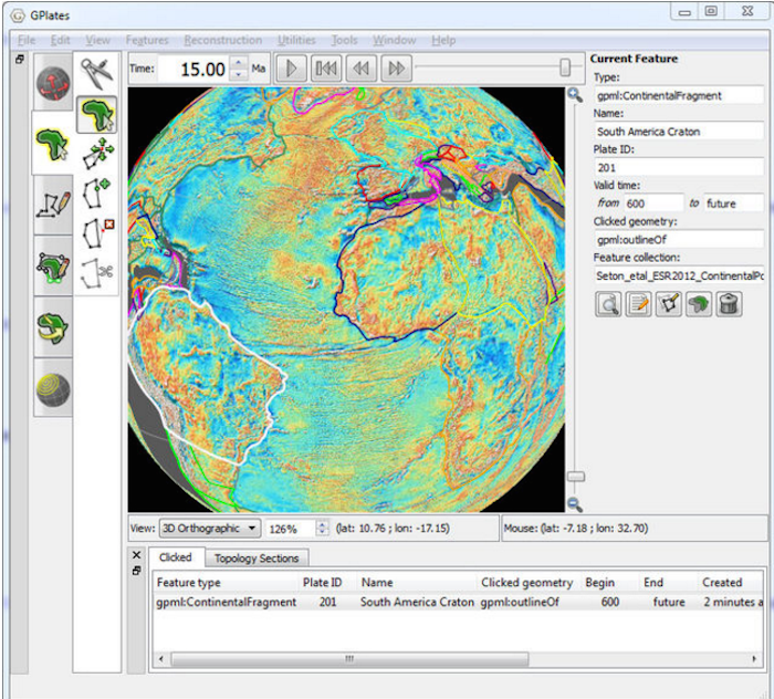 Interfaz de la versión GPlates 1.5., que permite al usuario viajar en el tiempo. Foto: EFE