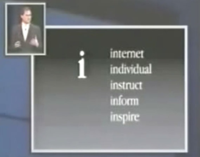 En un evento de Apple en 1998, Steve Jobs, se descompone lo que la "i" en el iMac representa. Foto: Especial