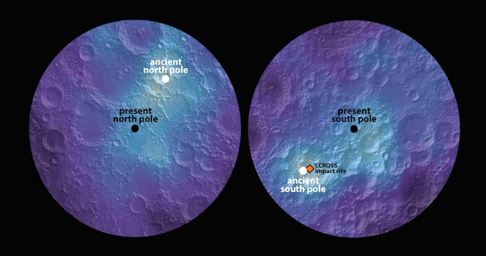 Este mapa de hidrógeno polar del hemisferio norte y sur de la luna identifica la ubicación de los antiguos y actuales polos día de la Luna. En la imagen, las áreas más claras muestran mayores concentraciones de hidrógeno y las áreas más oscuras muestran concentraciones más bajas. Foto: James Keane / Universidad de Arizona; Richard Miller, de la Universidad de Alabama en Huntsville