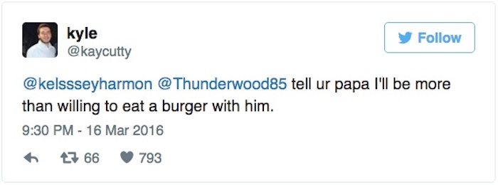 “Dile a tu abuelo que estaría más que dispuesto a cenar esas hamburguesas con él”. Foto: Twitter vía @kaycutty