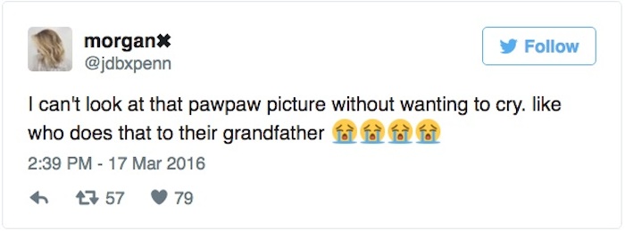 “No puedo mirar la foto de ese abuelito (pawpaw) sin ponerme a llorar. Quién le hace eso a su abuelo”. Foto: Twitter vía @jdbxpenn