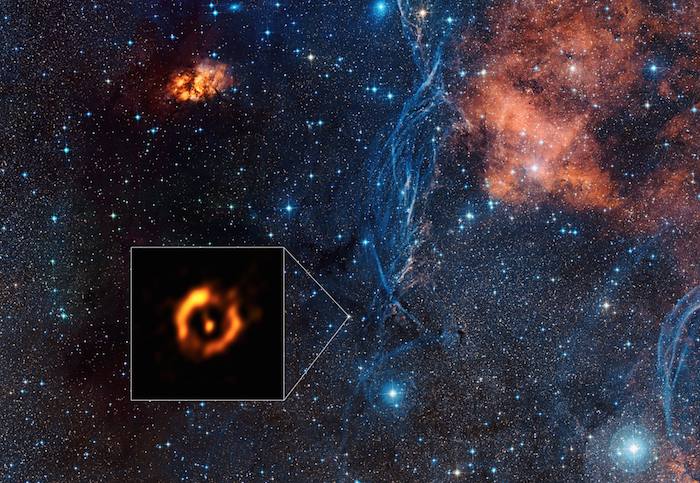 El polvoriento anillo que rodea a la estrella doble evolucionada IRAS 08544-4431. Foto: ESO/Digitized Sky Survey 2