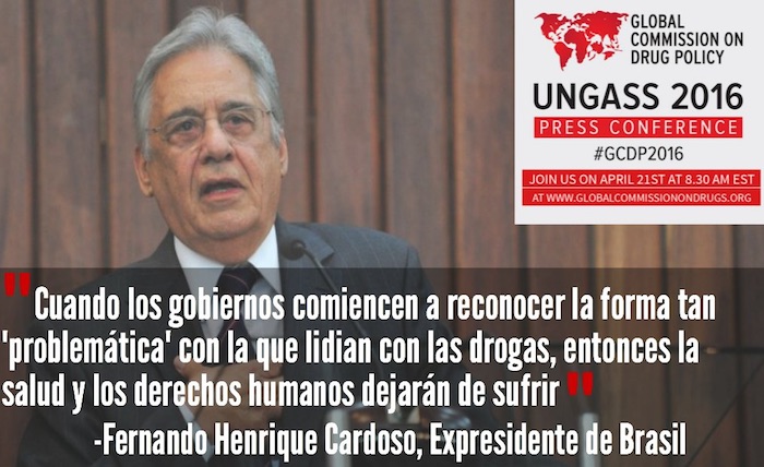 "Las políticas de drogas matan a mucha más gente que las drogas", dijo el ex Presidente de Colombia, César Garivia. Foto: Twitter @globalcdp