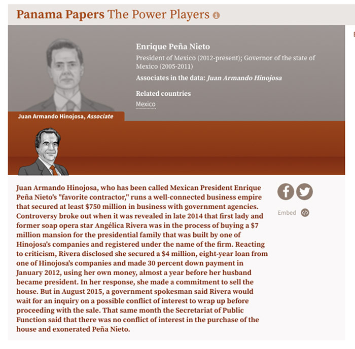 Juan Armando Hinojosa, es identificado como "el contratista favorito" del Presidente Enrique Peña Nieto y quien, dice la investigación "dirige un imperio empresarial con buenas conexiones que se aseguró al menos 750 millones de dólares en negocios con agencias gubernamentales". Foto: ICIJ.