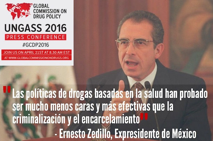 El ex Presidente de México, Ernesto Zedillo, dijo que las personas no deben ser encarceladas por consumir drogas. Foto: Twitter @globalcdp