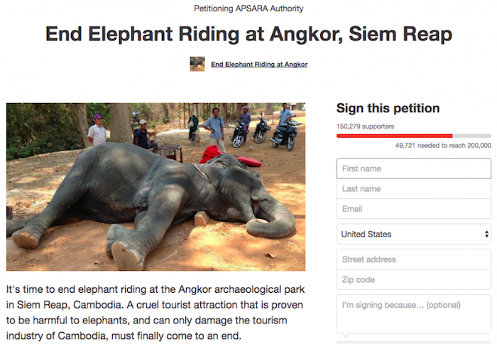 Un elefante de turistas muere por la ola de calor en Angkor. Foto de una petición en linea que pide el fin de montar en elefantes. Foto: change.org.