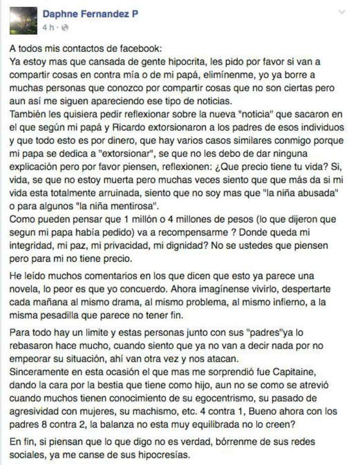 La carta de Daphne en sus redes sociales. Imagen: Facebook