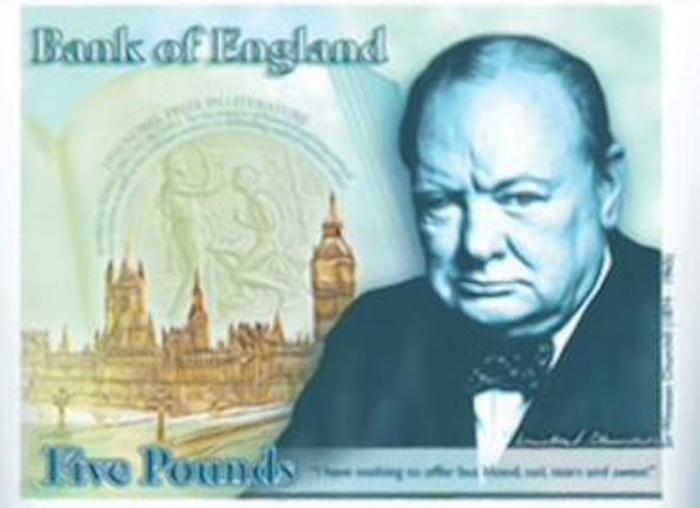 "El nuevo 'fiver' (billete de cinco libras) conmemorará los logros del único primer ministro que ha ganado un Premio Nobel de Literatura (en 1953) y uno de los grandes hombres de Estado de todos los tiempos, Winston Churchill", afirmó el gobernador del Banco de Inglaterra, Mark Carney. Foto: Especial