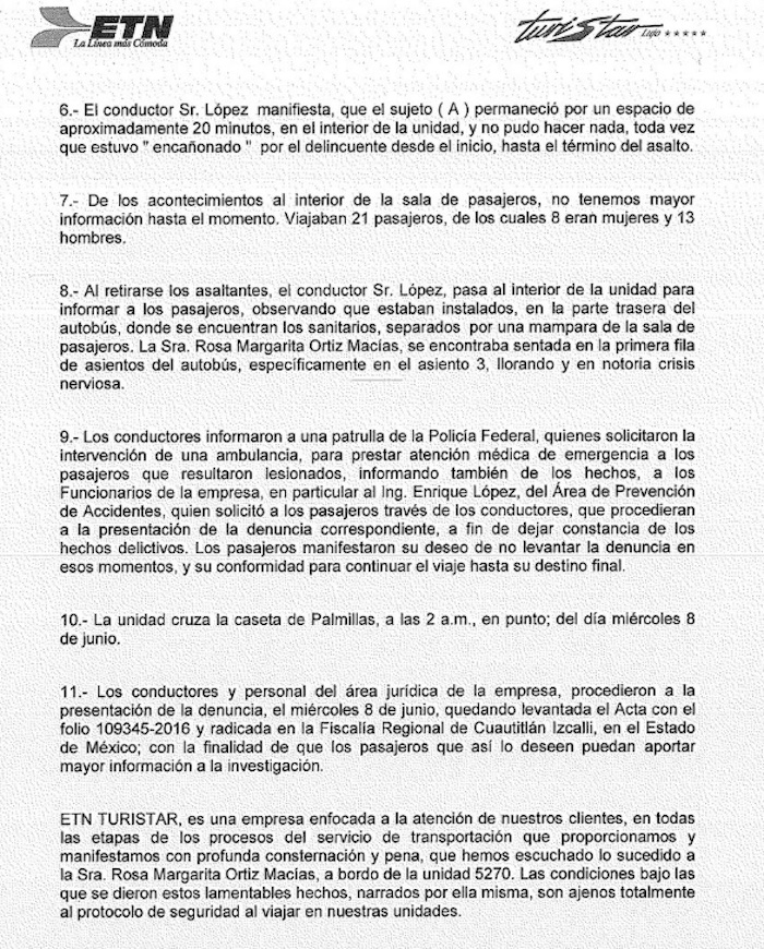 El comunicado que emitió la empresa ETN cuando el caso de Margarita se hizo público.Imagen: especial