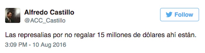 Mensaje de Castillo mediante su cuenta de Twitter. Foto: Twitter @ACC_Castillo