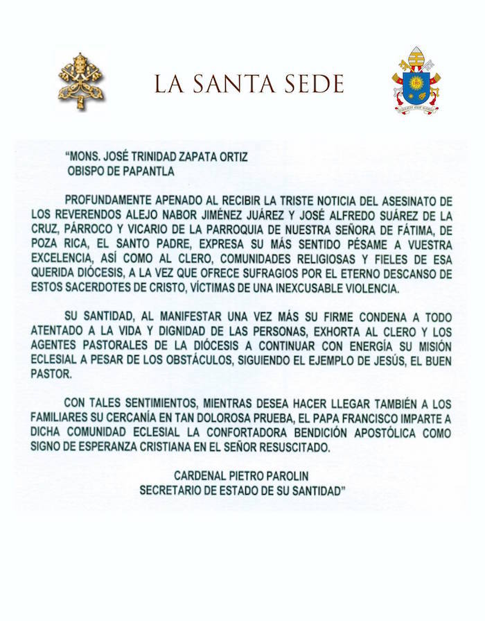 El documento enviado desde la Santa Sede. Foto: Diócesis De Papantla