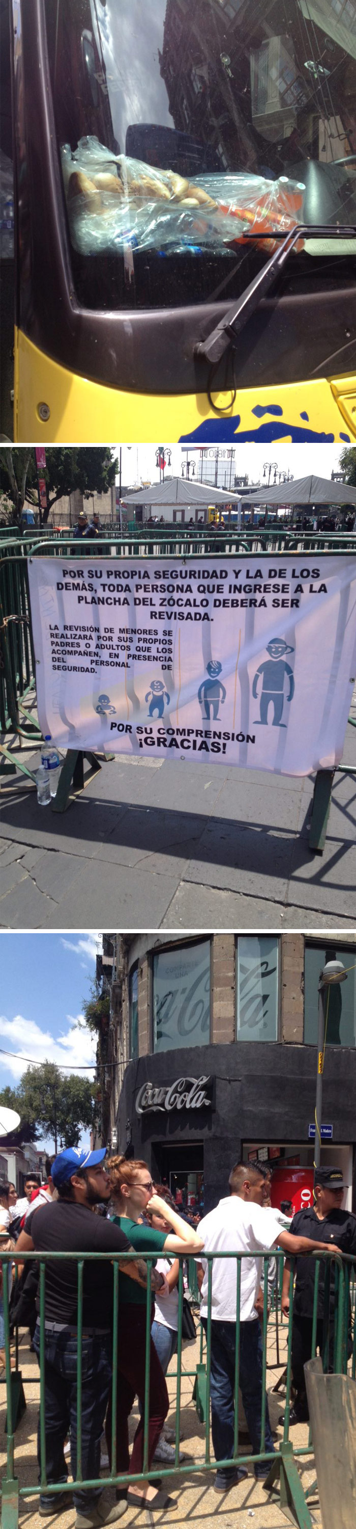 Arriba, los lonches para los acarreados desde Edomex. En medio: es oficial que se cateará hasta a niños. Abajo: empieza la llegada con un fuerte operativo de seguridad. Fotos: Dulce Olvera, SinEmbargo