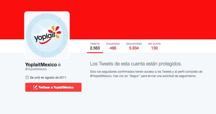 Yoplait cambió a privada su cuenta de Twitter tras las criticas recibidas. Foto: Especial