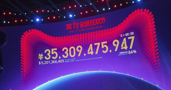 La pantala muestra la cantidad del yuan chino frente a la del dólar estadounidense durante las transacciones en línea una hora después del lanzamiento del festival global de comercio Alibaba 11.11 en Shenzhen (China). Foto: EFE