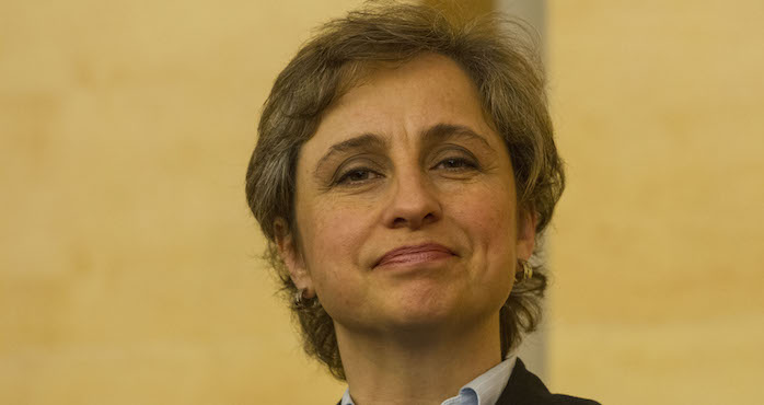 La periodista Carmen Aristegui, durante su participación en el foro "Demandas contra periodistas: el uso de leyes contra la libertad de prensa", realizado en El Colegio de México. FOTO: ISAAC ESQUIVEL /CUARTOSCURO