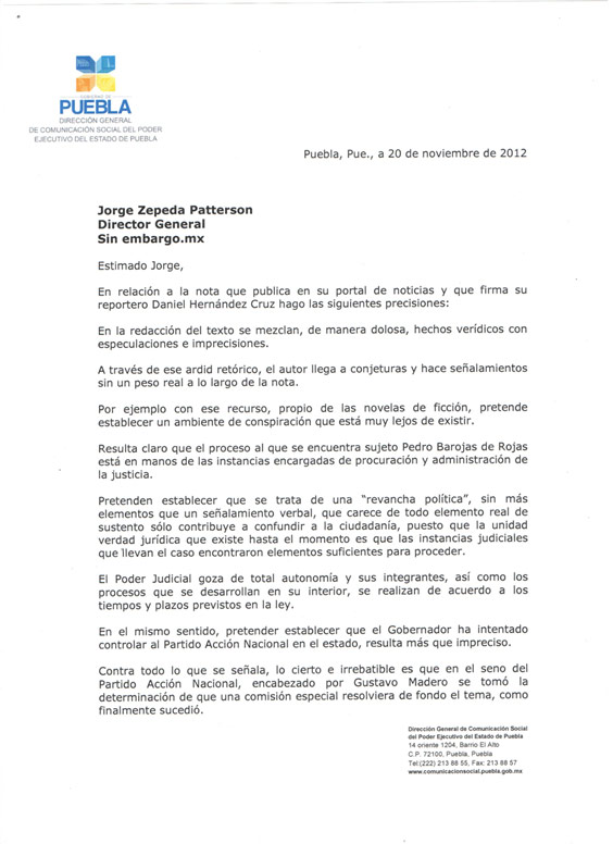 Puebla se queja de reportaje en SinEmbargo; muestra de 
