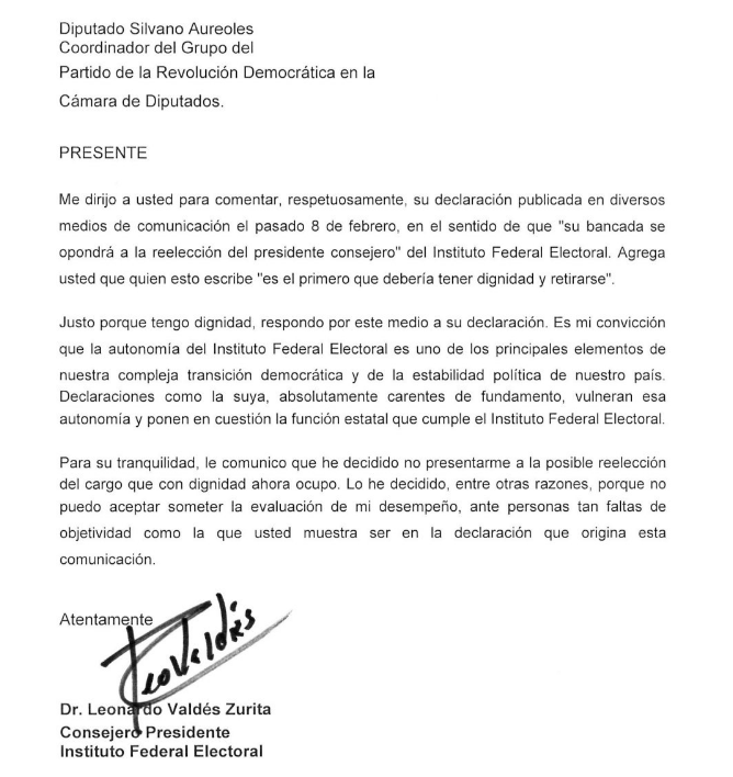 Valdés Zurita anuncia que no buscará reelegirse en el IFE 