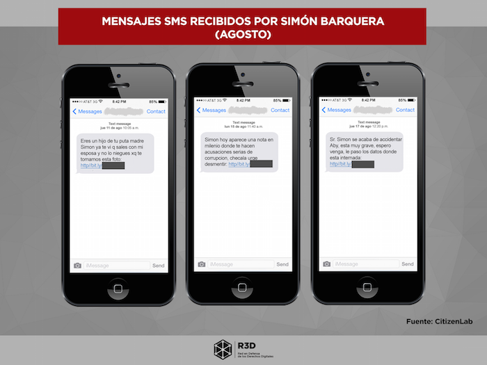 Al hacer clic en los enlaces recibidos, el malware identificado como Pegasus se descarga “sigilosamente” en el dispositivo, con lo que los atacantes obtenían el control, así como acceso a utilizar la cámara, el micrófono y GPS de los activistas y el investigador. Imagen: R3D.