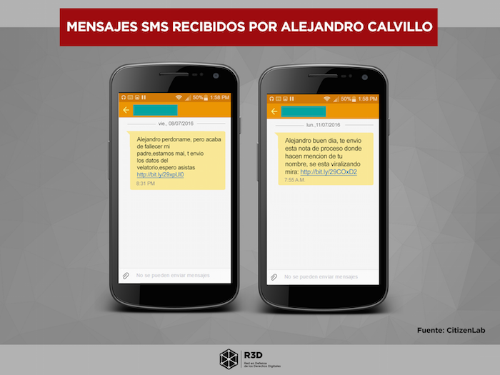 Al hacer clic en los enlaces recibidos, el malware identificado como Pegasus se descarga “sigilosamente” en el dispositivo, con lo que los atacantes obtenían el control, así como acceso a utilizar la cámara, el micrófono y GPS de los activistas y el investigador. Imagen: R3D.