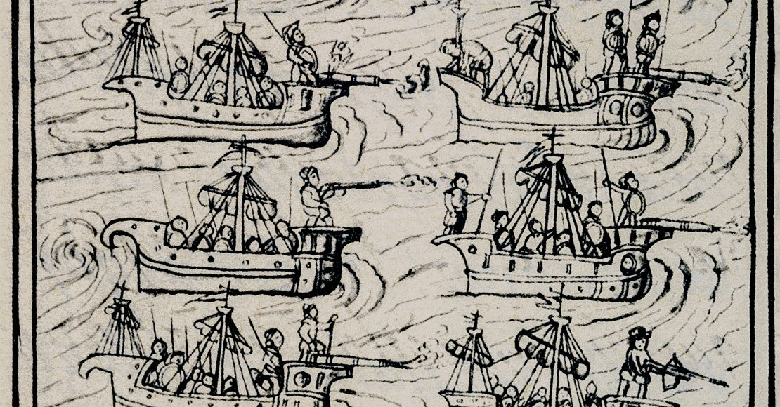 Los doce bergatines españoles a su llegada a Tenochtitlan. Folio 462, Libro XII del ​Códice Florentino​, BML