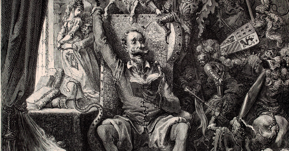 "Alonso Quijano lee libros de caballerías", Gustave Doré, en L'Ingénieux hidalgo don Quichotte de la manche. París L. Hachette et C., 1858. 