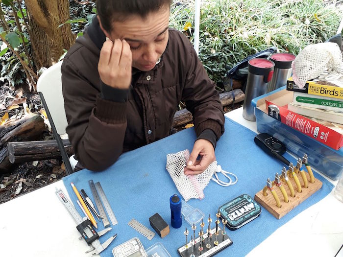 La doctora Rodríguez realiza mediciones en el pico, las alas, determina si es hembra o macho, edad y estado de salud de un colibrí. Fotos: Ivette Lira, SinEmbargo.