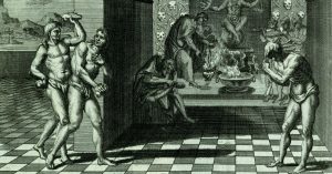 Aztecas preparando chocolate: Aztecas preparando chocolate para su dios Vitzilipuztli. Grabado del libro The General History of the Vast Continent and Islands of America, Commonly call'd West-Indies, ca. 1725. D.R. The Mariner's Museum, Newport News, en Artes de México. Chocolate III. Ritual, arte y memoria, 2013.