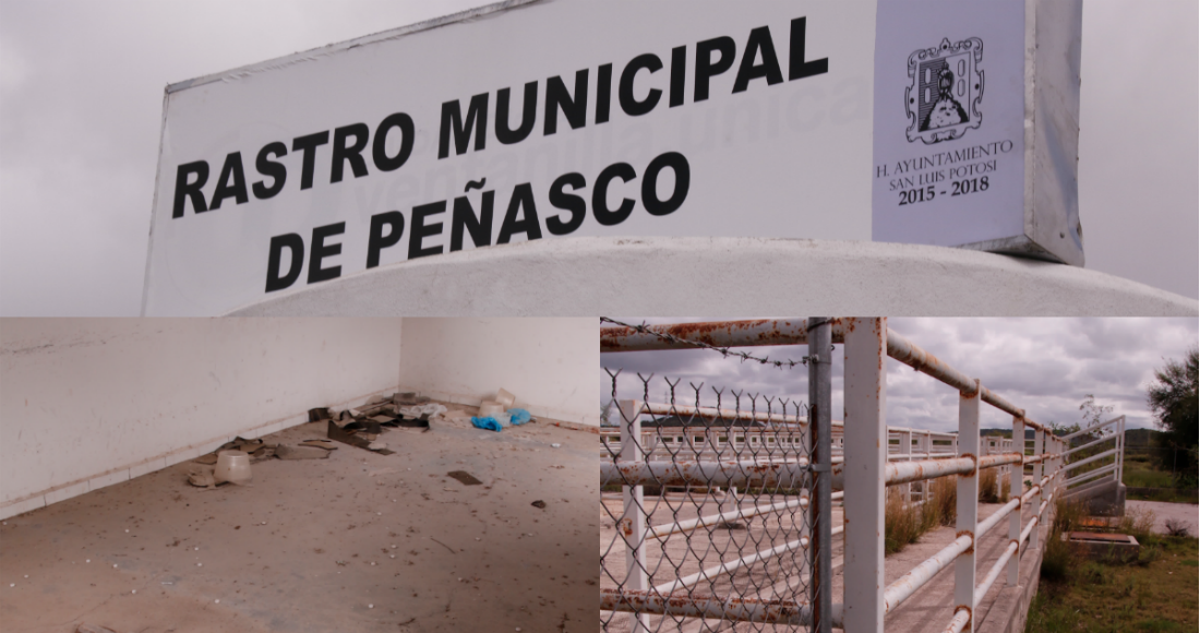 Cabe señalar que el anuncio colocado es reciclado, ya que por un lado dice “Rastro Municipal de Peñasco” H. Ayuntamiento de San Luis Potosí 2015-2018. Foto: Pulso