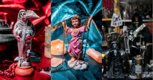 Es por esto que quisimos plasmar la relación que muchos criminales tienen con sus figuras de culto en esta galería, donde se evidencia nuestra cultura criminal en su mejor expresión, si es que podemos decir eso: catolicismo, superstición, tradición, historia, brujería y sangre, todo en uno. Foto: Mario de Fina, Mateo Rueda, Vice