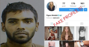 De izquierda a derecha: Christopher Bernard ha sido acusado de agresión sexual; una cuenta de Instagram falsa supuestamente creada por Bernard para estafar a mujeres. Foto a través del Servicio de Policía de Trinidad y Tobago y captura de pantalla a través de Figaro Models. 