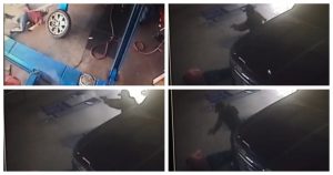 La víctima quedó tendida sobre el piso al interior del establecimiento junto a unas herramientas, los empleados y unos clientes que se encontraban allí corrieron para resguardarse de la agresión. Foto: captura de video