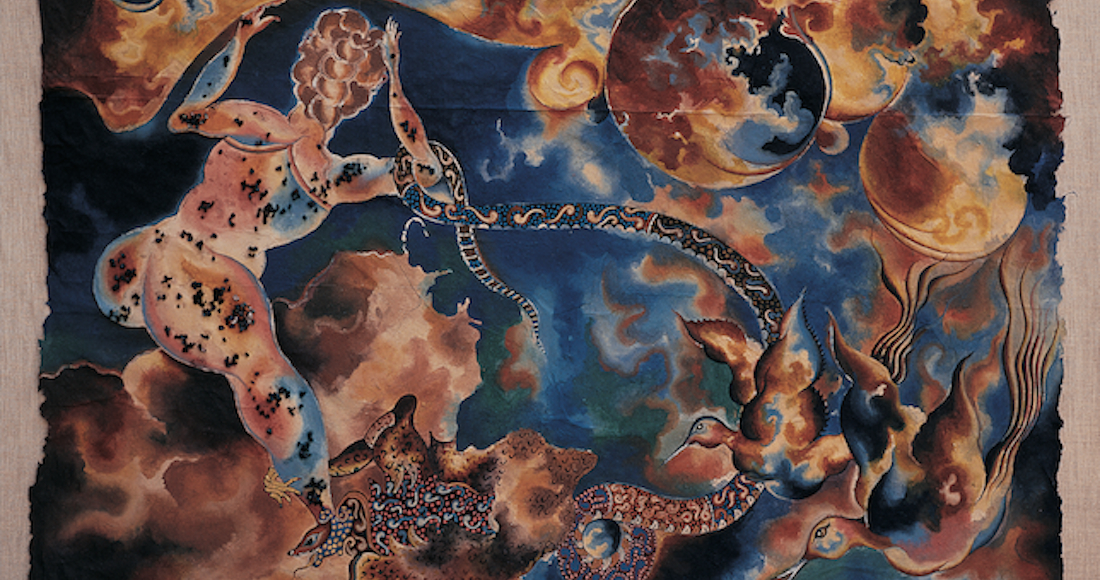 Arnulfo Mendoza, La dama cochinilla, 1991. Gouache de pigmentos naturales (cochinilla, añil y cúrcuma) sobre papel de arroz. La mano mágica. Foto: Archivo Artes de México.