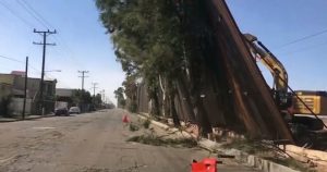 Más de 20 metros de paneles quedaron suspendidos en varios árboles, agrega esta agencia de noticias. Otras secciones cayeron directamente sobre la vialidad, según registraron cámaras de seguridad del lado mexicano. Foto: Captura de pantalla. 