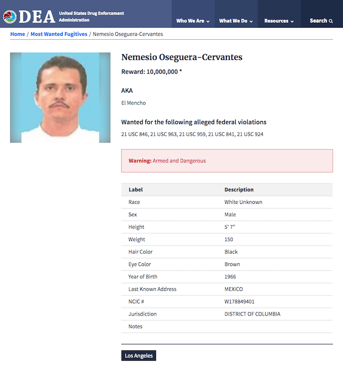 Se ofrece una recompensa de 10 millones de dólares por la captura de Nemesio “El Mencho” Oseguera. Foto: Especial