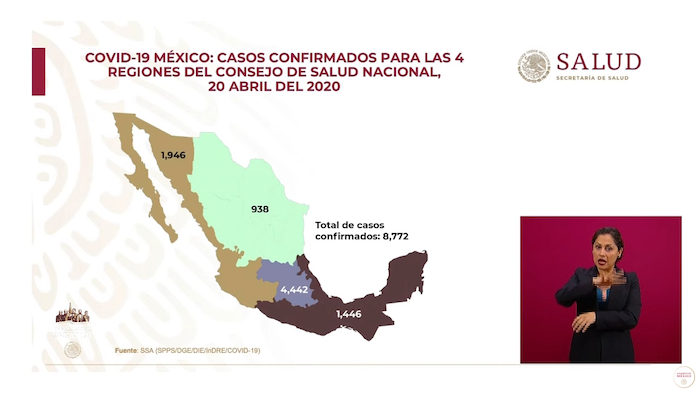 Mapa de los casos confirmados de COVID-19 en las cuatro regiones del Consejo de Salubridad General.