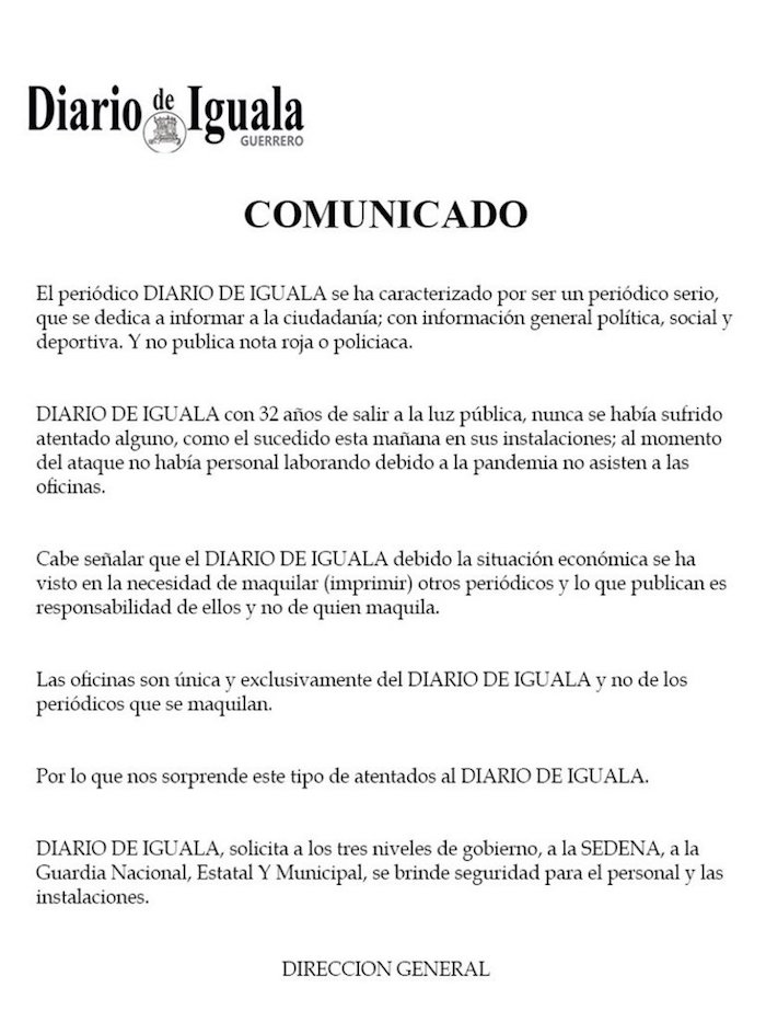 Comunicado de El Diario de Iguala.