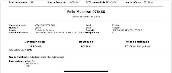 Resultado de la prueba de COVID-19 del obispo de Saltillo, Coahuila.