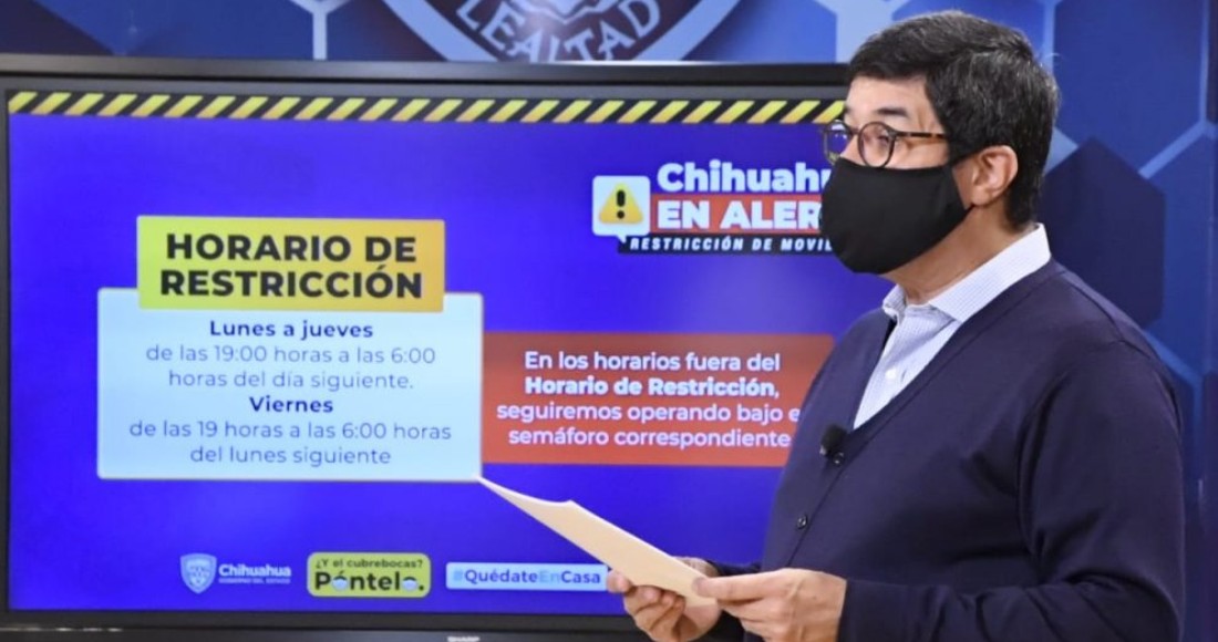 El Gobernador de Chihuahua, Javier Corral, anunció las nuevas medidas restrictivas debido a los incrementos de la COVID-19. Foto: Captura de pantalla de video