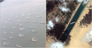 La imágenes muestran a varios barcos haciendo fila frente a esa vía marítima. Foto: ©Maxar Technologies vía AP/Especial.