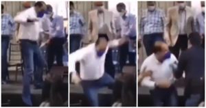 El panista no midió el espacio restante en la tarima y dio un paso en falso. Fotos: Tomadas de video