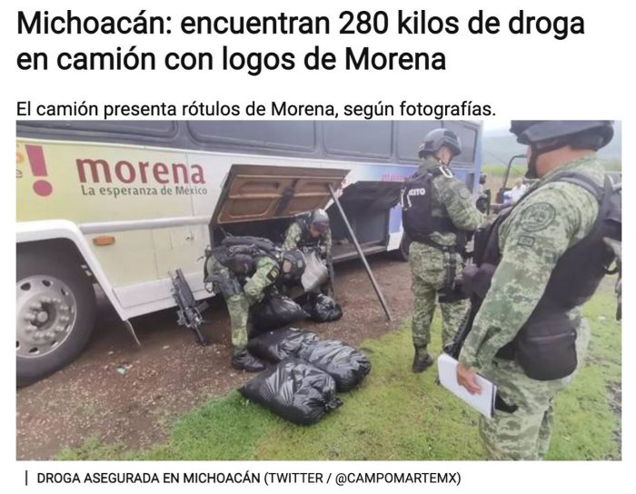 Una de las notas sobre el hallazgo del supuesto camión con el logo de Morena.