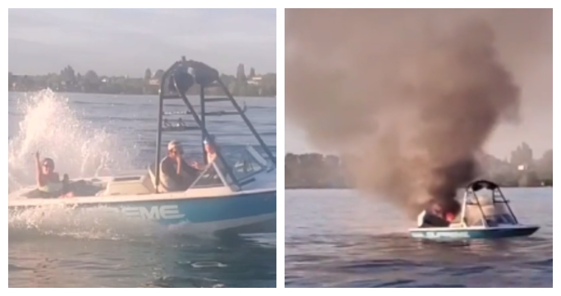 La lancha donde se encontraban las personas que lanzaron  gritos discriminatorios se incendió. Fotos: Tomadas de video