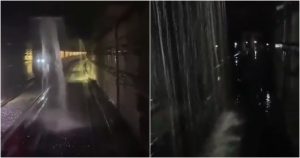 Por medio de videos compartidos en redes sociales, se mostró la caída de agua pluvial a las vías del tren de la interestación de la Línea 5. Foto: Captura de video.
