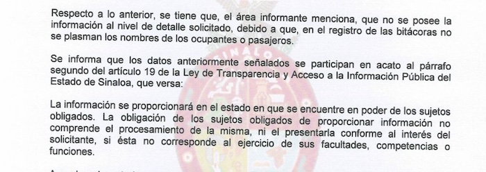 La Secretaría de Seguridad Pública no registró los nombres de los pasajeros que han utilizado las aeronaves del Gobierno de Sinaloa.