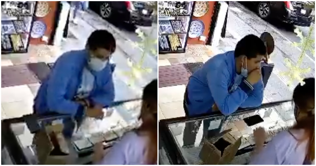 La mujer llamó al hombre de seguridad que se encuentra en la entrada del centro joyero y le pidió que lo revisara. Foto: Captura de video.