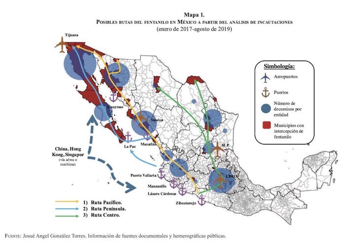 Mapa de las posibles rutas del fentanilo en México.