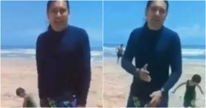 El artista identificado como Paulo Armendáriz hizo un cocodrilo de arena en la playa Miramar de Ciudad Morelos. Foto: Especial